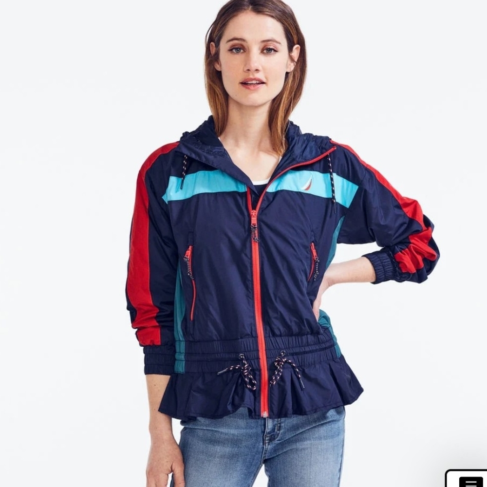 Nautica Blue and Red Hooded Peplum Bomber Jacket Sporty Lightweight Design